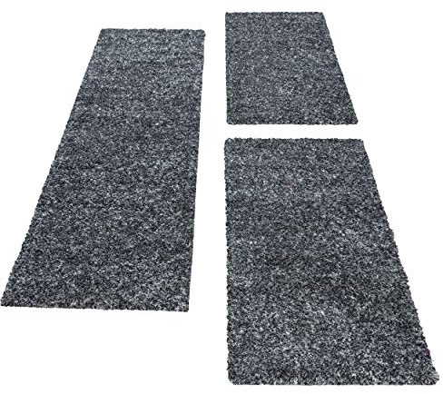 Carpettex Bettumrandung Schlafzimmer 3teilig Shaggy Teppich Hochflor Läuferset Einfarbig Anthrazit Meliert Bettset:2 mal 60x110 + 1 mal 80x250 - Bettvorleger Schlafzimmer Bettumrandung Teppich Set