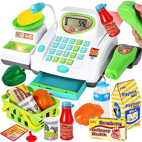HERSITY Kaufladen Kasse Spielzeug, Registrierkasse Kinder mit Scanner Mikrofon, Große Spielkasse 31*15*12cm, Supermarktkasse mit Lichtern und Sound Rollenspiel Geschenk Jungen Mädchen 3 4 5 Jahren