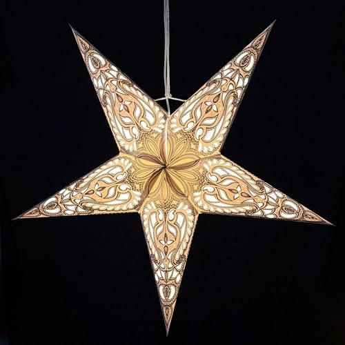 MoreThanHip Ganesha Faltbarer Weihnachtsstern Grau/Gold - Ø60 cm - FSC Papierstern zum Aufhängen 3D Weihnachtsdeko Adventsstern für Weihnacht Fensterdeko - Inkl. Beleuchtungskabel 3 meter (ohne Lampe)