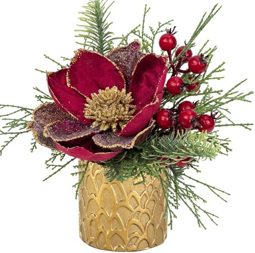 Briful Kunstpflanze Weihnachtsdeko Künstliche Pflanze Magnolie Gestecke Weihnachtsarrangement im Keramiktopf mit Tannenzweig Kugeln Berries Tannenzapfen, Dekopflanze Zimmerpflanze Tischdeko