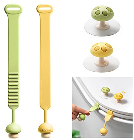 DIYBravo 4 Pcs Toilet Seat Lifters Mushroom Handles Silicone Adjustable, Avoid Touching Toilet Seat Cover, Flexible Toilet Seat Cover Holder, Kids Toilet Seat Lifter (2 Yellow 2 Green)