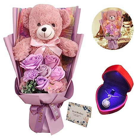 Eightown Konservierte Rosenstrauß mit Teddybär - Künstliche Blumen mit Perlenkette für Sie - Liebesgeschenk für Muttertag, Valentinstag, Geburtstag (Lila)
