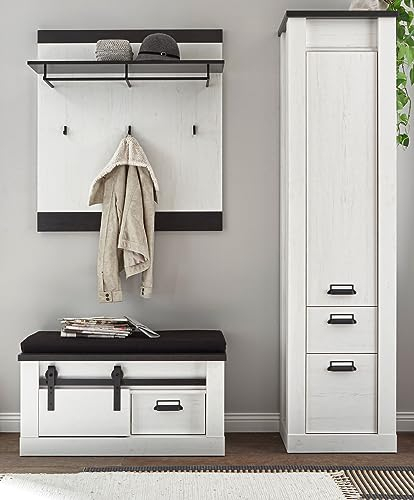 Garderobenschränke Flurmöbel in weiß Pinie Holz und schwarz/anthrazit Garderobenmöbel Garderobeneinrichtung komplett Set im Industrial Design Stove (Set 2)