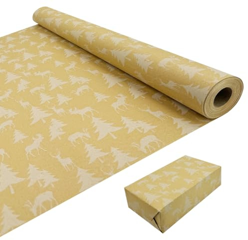 43 cm × 20 m Weihnachtsgeschenkpapierrolle, Kraftpapier bedruckt mit Elch und Baum, recycelbare Kraftpapierrolle für Weihnachten, Geburtstag, Hochzeit, Geschenkpapier