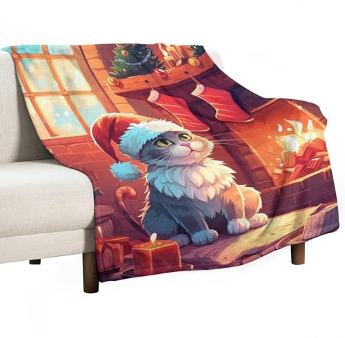 DELIBEST Niedliche Katzendecke, Fleece-Flanell, gemütliche Überwurfdecken, atmungsaktiv, leicht, warm, Bettdecke, Weihnachtsmann-Katzendecke für Couch, Bett, Sofa, alle Jahreszeiten, 101,6 x 127 cm