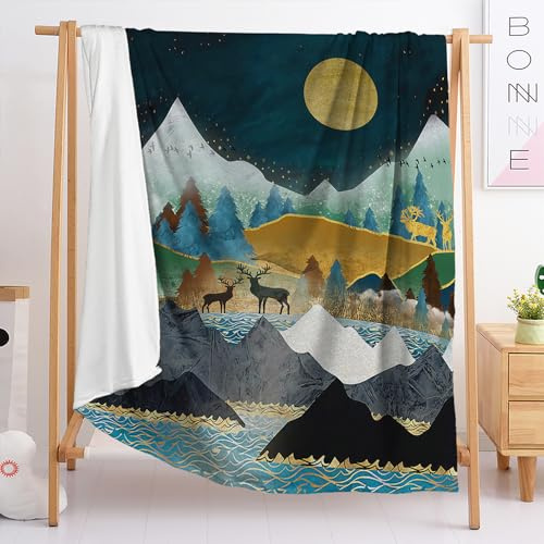 Manta Montañas Y Ciervos Cubre Sofa Mantas para Cama De Franela,Cobijas De Invierno Extra Suave,Manta Polar,Mantas para Sofa,Plaid Sofa（180X220Cm）