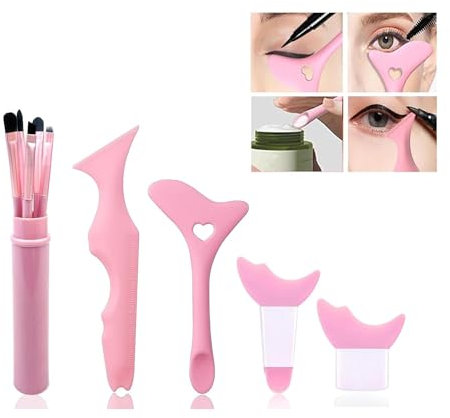 4 Pièces Pochoirs pour Eyeliner en Silicone pour Eyeliner et 5 Pièces Eyeliner,Pochoir Maquillage Réutilisable,Aide Au Maquillage Des Yeux,Outil de Maquillage Convient Aux Novices (Rose)