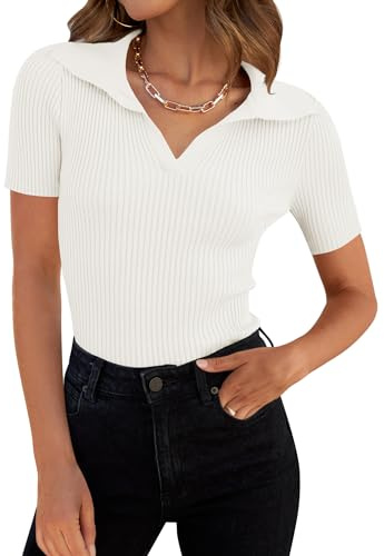 ZESICA Women's Short Sleeve V Neck T Shirts 2025 Summer Ribbed Knit Slim Fitted Basic Solid Color Tee Tops,White,Medium