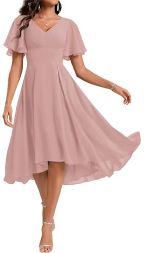 WSEYU Robes de demoiselle d'honneur de longueur genou pour juniors, V-cou, plissé, en mousseline, robe de soirée formelle de gala de jardin, vieux rose, 36