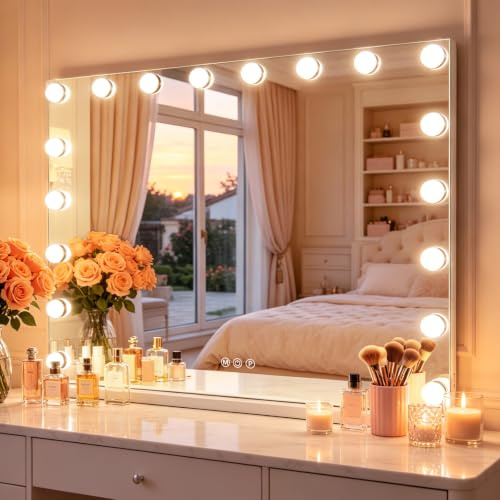 FENCHILIN Schminkspiegel mit Beleuchtung mit 18 LED Lampen 80cmx58cm | Großer Hollywood spiegel mit USB Ladeanschluss 3 Lichtmodi 10 facher gehärtetes Glas ideal für Schminktisch Schlafzimmer