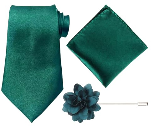 DHSBGWSX 1 grön slips för män, 1 näsduk, 1 liten blombrosch, dansband för män, formell slips för män, klädtillbehör, mörkgrön, Taglia unica