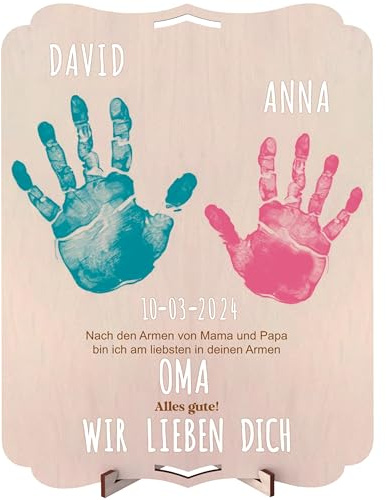 Nagu® Oma. Mutter. Baby-Handabdruckrahmen Neugeborenes. Holzgeschenk 30x22 cm, Platz für Fuß- und Handabdruck des Babys oder der ganzen Familie und Foto. Inklusive Ständer und Buchstaben-Set für Namen