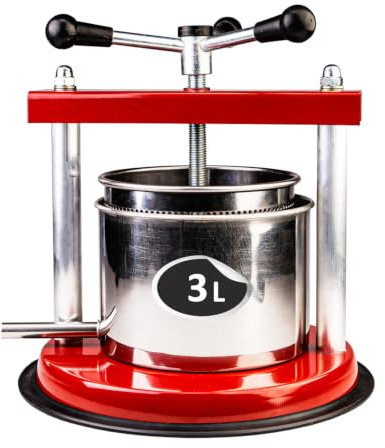 Obstpresse Manuell 3L - Weinpresse für Wein, Cider, Säfte & Liköre - Edelstahl Fruchtpresse Ø16 cm mit emaillierter Basis und Schraubmechanismus