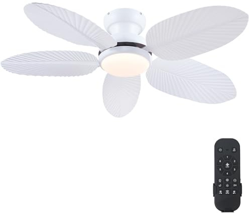 Kviflon Tropical Ceiling Fans with Lights and Remote/APP Control, 45 Inch Low Profile Flush Mount Ceiling Fans, Palm Leaf Ceiling Fan with Light for Bedroom Patios Porch Outdoor, White