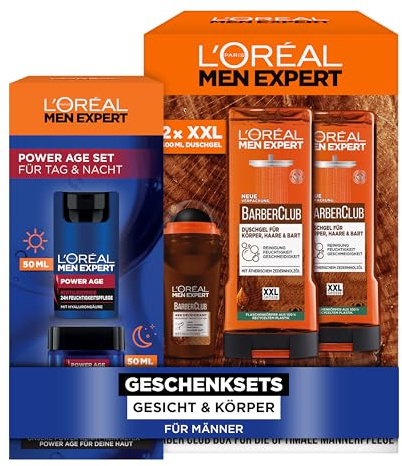L'Oréal Men Expert Pflegesets für Gesicht und Körper für Männer, Mit Gesichtscreme, Nachtcreme, 2x Duschgel und Deo Roll-On, Geschenke für Herren, Power Age, Barber Club, 5-teilig