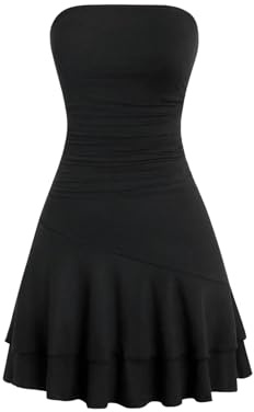 SweatyRocks Mini robe bandeau sans bretelles pour femme - Robe tube - Sans manches - Robe d'été courte - Robe de fête Y2K - Avec ourlet à volants, Noir , L