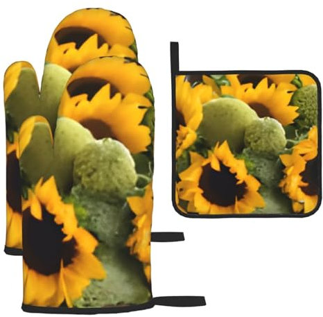 Set di 3 guanti da forno e presine, girasoli, guanti da forno a microonde isolati e guanti da cucina, set di guanti da forno antiscivolo con cuscinetti caldi, per cucinare, cuocere al forno, grigliare