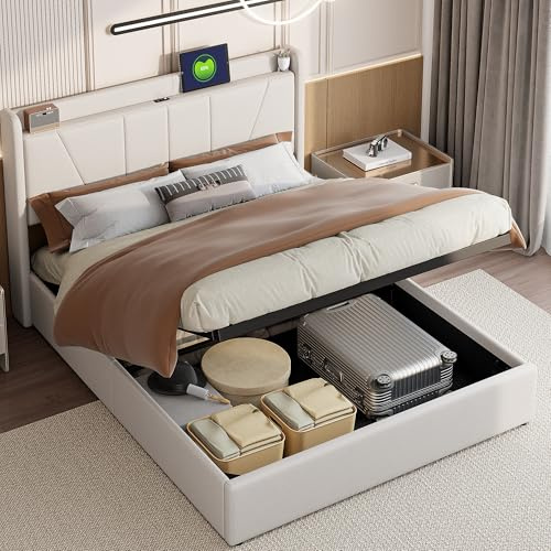 Bett mit Kofferraum 160x200,Polsterbett Doppelbett,Hydraulisch Stauraumbett,gepolstertes hydraulisches Bett Stauraumbett mit Stauraum Funktionsbett mit Kopfteil und Lattenrost (Beige+Lin)