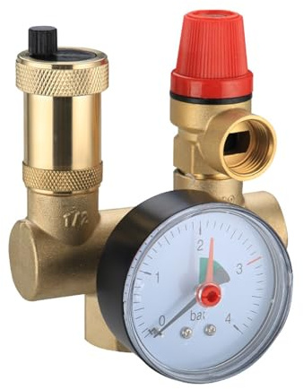 Sicherheitsgruppe Warmwasserspeicher mit 1 Zoll Gewindeanschluss und Einem 3/4 Zoll, 6 Bar mit Rückschlagventil Entlüftungsventil Manometer Zentralheizung Fußbodenheizung