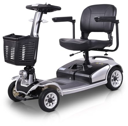 Scooter de Movilidad Eléctrico Plegable de 4 Ruedas para Personas Mayores y Movilidad Reducida, hasta 35 km Autonomía, Asiento Giratorio 360°, Estable y Seguro – ALIFERO (Gris Plata)