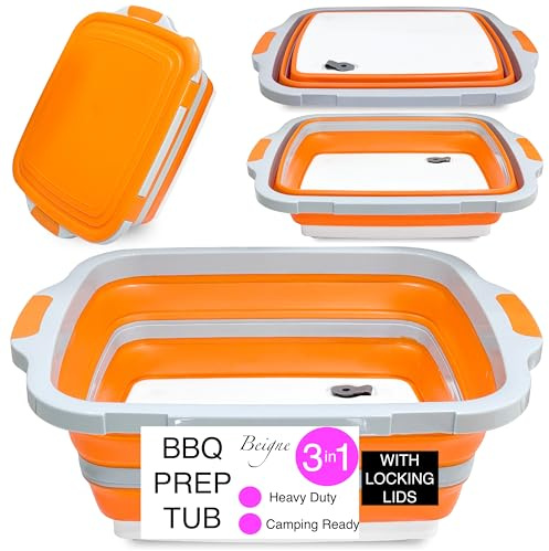 Beigne XL Collapsible BBQ Prep Tub with Lid - 3 in 1 Collapsible Tub & Portable Cutting Board Container for Marinating, Camping, Meat Storage - Space-Saving, Foldable Tray for Kitchen and Outdoor
