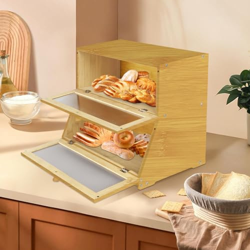 HUOLE Boîte à pain Eco - Boîte de rangement de cuisine - Boîte à pain - Visualisée Pour Cuisine,pain,pain grillé,Rangement Du Pain, En bambou naturel,40 x 33 x 25 cm - Bambou - Couleur d'origine