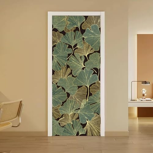 arricraft 2 Blatt Ginkgo Selbstklebender Türaufkleber 80cm X 200cm /31.5x78.7 Zoll Goldene Und Grüne Ginkgo Türaufkleber Entfernbare PVC Tapete Dekoration Für Schlafzimmer Wohnzimmer