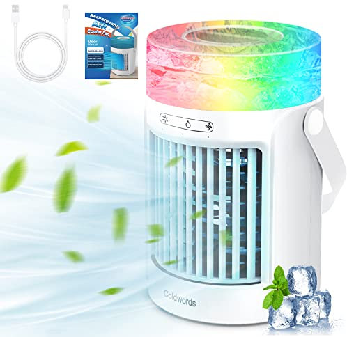 Portable Air Cooler 2025, Evaporative Air Cooler, 3-in-1 Portable Air Conditioner, Mini Air Conditioner with 3 Fan Speeds, 7 Colour Lights, 600ML Water Tank, Air Coolers for Home, Room, Office