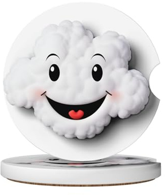 LLKGOT Sottobicchieri per auto, motivo nuvole bianche sorridenti, 2 assorbenti in ceramica antiscivolo, decorazioni per auto