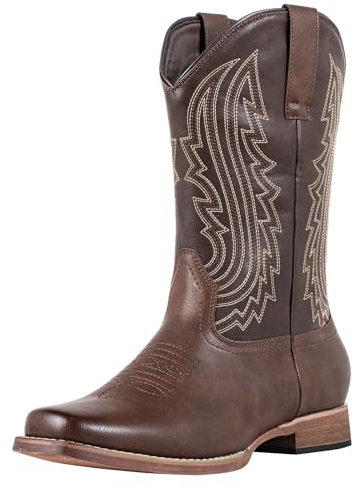 J's.o.l.e Cowboy Boots Men Western Boots Square Toe Retro Embroidered Slip On Wide Calf Riding Country Leisure Boot Brown UK 9