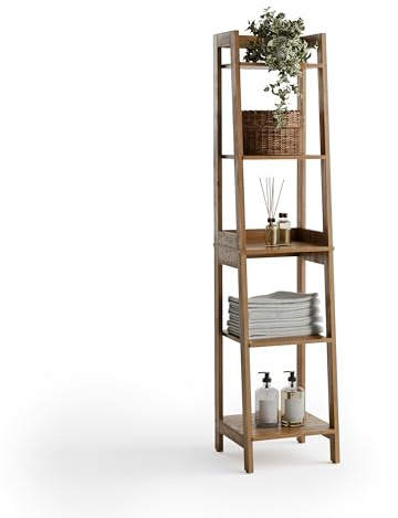 Zenna Home Bamboo Linen Tower with 5 Shelves, A-Frame Shelving Unit for Bathroom, Laundry and Other Household Storage, Natural Finish