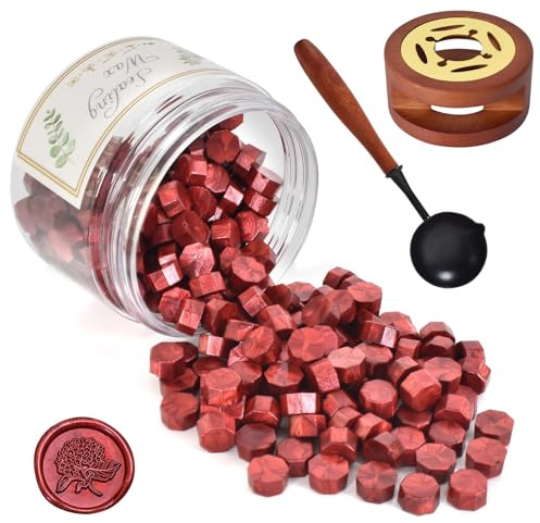 Siegelwachs Perlen Set, Siegelwachs Rot Metallic, 200 Stück Wachsperlen Siegel mit Wachssiegel Ofen und Löffel, Wachs Achteckig Wachssiegel für Siegelstempel Briefe Umschläge Karten