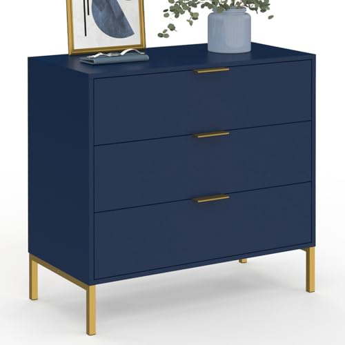 IDMarket - Commode 3 tiroirs BLENIA 80 cm Bleu Nuit et Finitions dorées