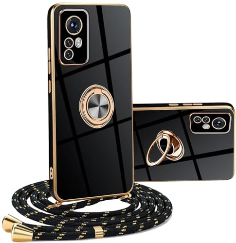 YAMCCCSE Mobiltelefonkedja fodral kompatibelt med band Xiaomi 12 Lite mobiltelefonfodral med 360 graders ringstativ, lyxigt, galvaniserat, reptåligt skyddshölje, stötfångare