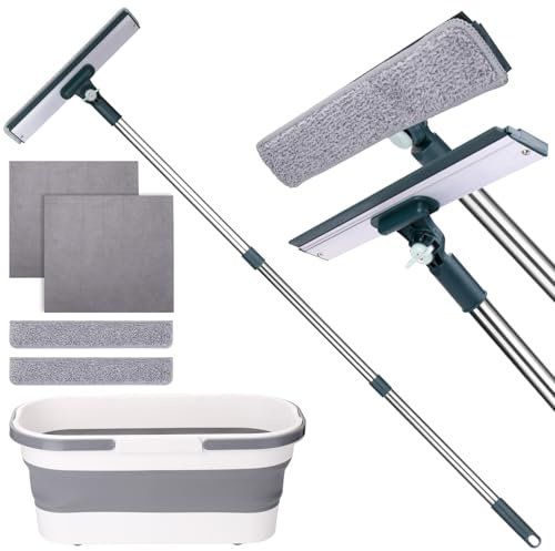 XANGNIER Window Cleaning Kit Tool with Storage Bucket,Window Washing Kit with Extension Pole,Professional Windows Washer Cleaner Squeegee Kits,Commercial&Household Use,Indoor&Outdoor High Windows