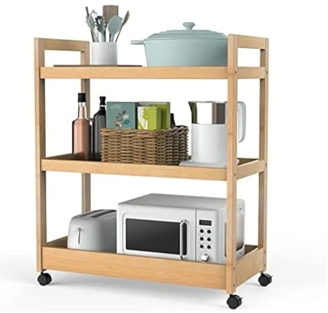 Chariot de rangement en bambou à 3 niveaux – Étagère utilitaire mobile sur roulettes pour cuisine et salle à manger, étagère de sol pour organiser les essentiels de la maison