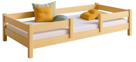 KOBI Kinderbett 160x80 cm, mit Geländer - Lofto Holzbodenbett aus natürlichem Kiefernholz