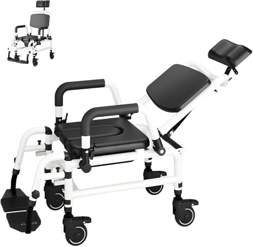 Commode Chair, Wheeled Toilet Shower Chair with Soft Seat Padding and Brakes, Tilt-In-Space Reclining Design, Includes Commode Pail