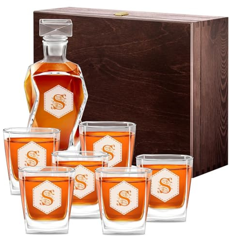 Maverton Whiskey Karaffe + 6er Whiskygläser Set mit Gravur - 700ml Whisky Dekanter - Geschenk zum Geburtstag für Männer - Weihnachtsgeschenke - Buchstabe