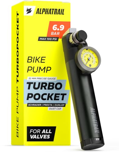 Minipump med manometer, 2 lägen HV/HP, 100 PSI, Presta, bilventil & Dunlop – Alphatrail liten cykelpump 6,9 bar med hållare, mini cykelpump för MTB, gravel, tur & pendling, TurboPocket