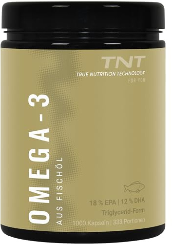 TNT Omega 3 Kapseln (1000 Weichkapseln) • 3000mg Fischöl (540mg EPA, 360mg DHA) pro Tagesdosis • Omega-3 Fettsäuren in Triglycerid-Form • Hochdosiert & ohne Zusätze