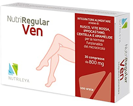 NutriRegular Ven, 30 cpr - Per Varicosa, Ragadi Anali, Fragilità Capillare, Gambe Gonfie e Pesanti, Microcircolo - Con Ippocastano, Centella, Vite Rossa, Amamelide, Rusco - Nutrileya