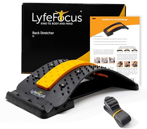 LyfeFocus Masajeador de espalda y acupresión premium para dolor de espalda y cuello, cómodo corrector de postura ajustable, soporte lumbar con terapia magnética y correa para silla