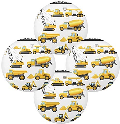 Construction Equipment Yellow Machinery with Truck Crane and Bulldozer Set of 4 Table Placemat, Non-Slip Place Mats Protector Washable Plate Mat Holder, 15.4 Inches Round Desk Pad for Kitchen Dining
