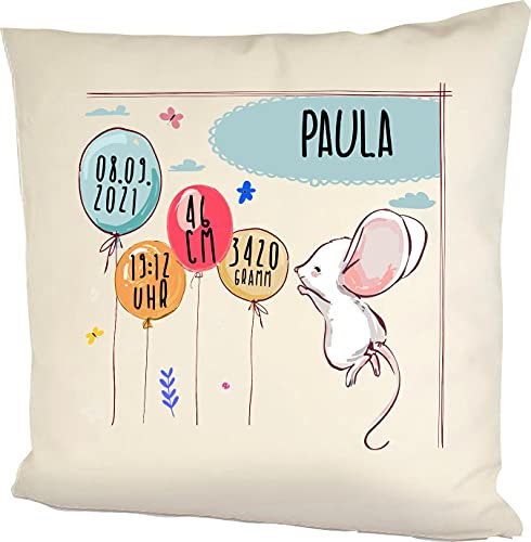 Kleckerliese Baby Kinder Kissen Personalisiert Kissenhülle Tiere Maus Balon Wolken Name Geburt Datum Uhrzeit Gewicht, 40x40 cm Farbe Natur mit Füllung