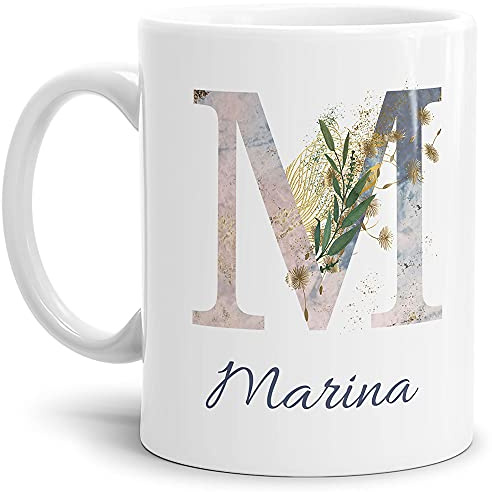 Tasse mit Buchstabe M und Blumen - mit Name personalisiert - Initiale, Namens-Tasse, Buchstaben Tasse, Geschenk I Keramik Weiß, 300 ml