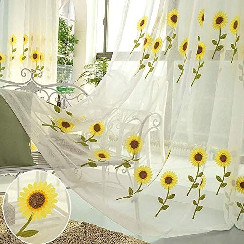 SENNIAN Sonnenblumen-Stickerei-Leinenvorhang, niedliche Kinderzimmer-Gardinen, mit Blumen bestickter Tüll, Fenstervorhänge, Ring-TOP für Schlafzimmer, Wohnzimmer, Balkon, Kaffeeweiße Ösen,