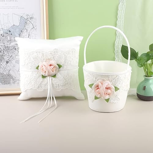 XNSHUN Hochzeit Ringkissen und Streublumenkorb Set, Spitze Weiß, Handgehaltene Blumenmädchen Tasche für Blütenblätter, Zeremonie Zubehör, 20 cm x 20 cm (2 Stück)