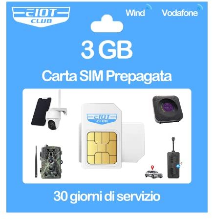 EIOTCLUB SIM Prepagata Senza Contratto, Carta SIM Compatibile con Rete Vodafone & Wind, 3GB per 30 giorni, solo Dati, per LTE Telecamera & Fotocamera Caccia & Localizzatore GPS