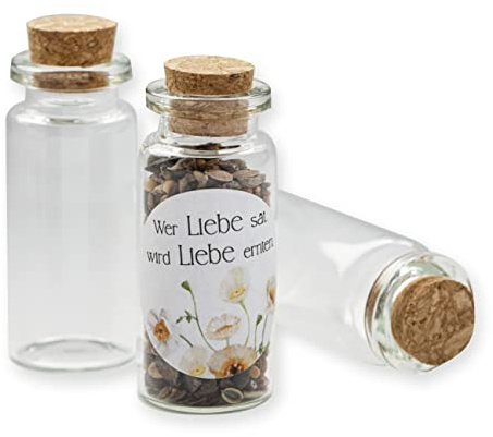 Schokoladenseite 40 Stk Glasflaschen Sunnyflower 39030530xx, kleine Fläschchen mit Korken und Aufkleber für Blumensamen, Gastgeschenk für Hochzeit, Taufe, Geburtstag